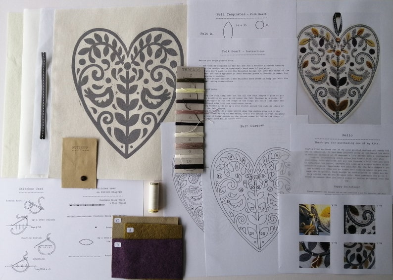 Folk Heart Embellished Lino Print Kit - Lilac, by Louise Nichols Designs - Image 2