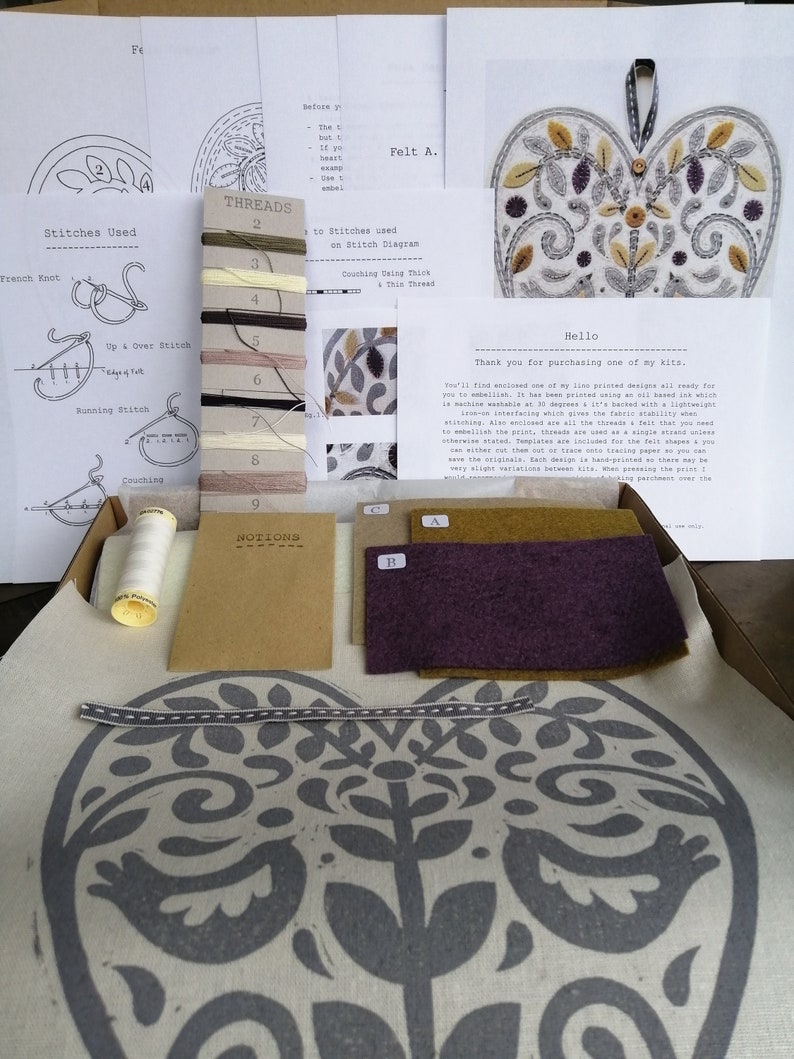Folk Heart Embellished Lino Print Kit - Lilac, by Louise Nichols Designs - Image 3