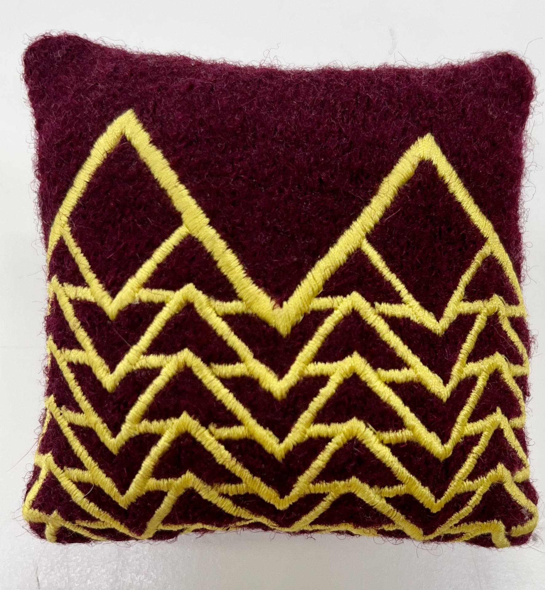 Alice Selwood Pincushion - Yellow Peaks on Wine Red